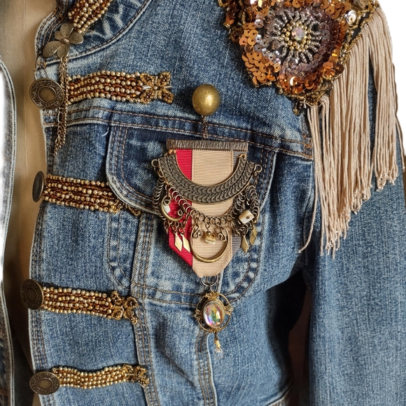 Upcycled Classic Denim Crop Jean Jacket With Hand Embellished Appliques - Picture 4 of 7